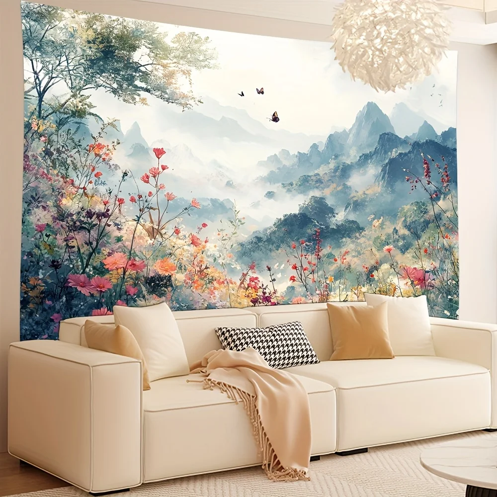 Chinese Landscape Tapestry, Misty Mountains and Colorful Flowers, Traditional Scenery Wall Hanging for Living Room