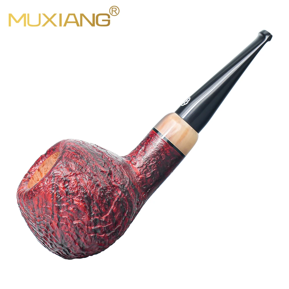 MUXIANG Sandblast Briar Tobacco Pipe Budapest Series Horn Ring Black Cumberland Mouthpiece 3mm Unfiltered Smoking Pipe