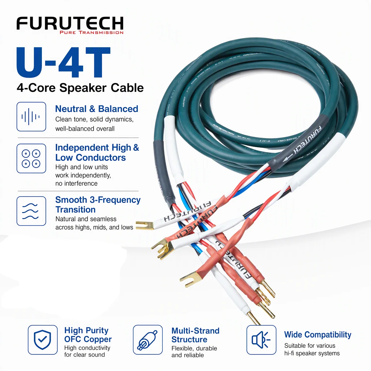 Furutech U-4T 4-Core Bi-wire HiFi Speaker Cable, 2 In 2 Out Audiophile Amplifier Connection Wire with Banana Plugs for Loudspeak