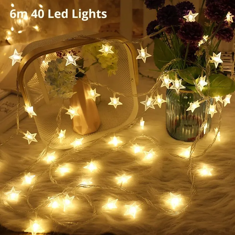 6M 40 Led Lights Outdoor Decoration String Lights Christmas Tree Home Window Decor Holiday Lighting Star Light Strings