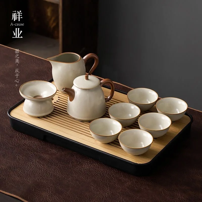 Ru Kiln Kung Fu Tea Set Home Living Room Ceramic Teapot Cover Bowl Teacup Full Office High-end Tea Infuser