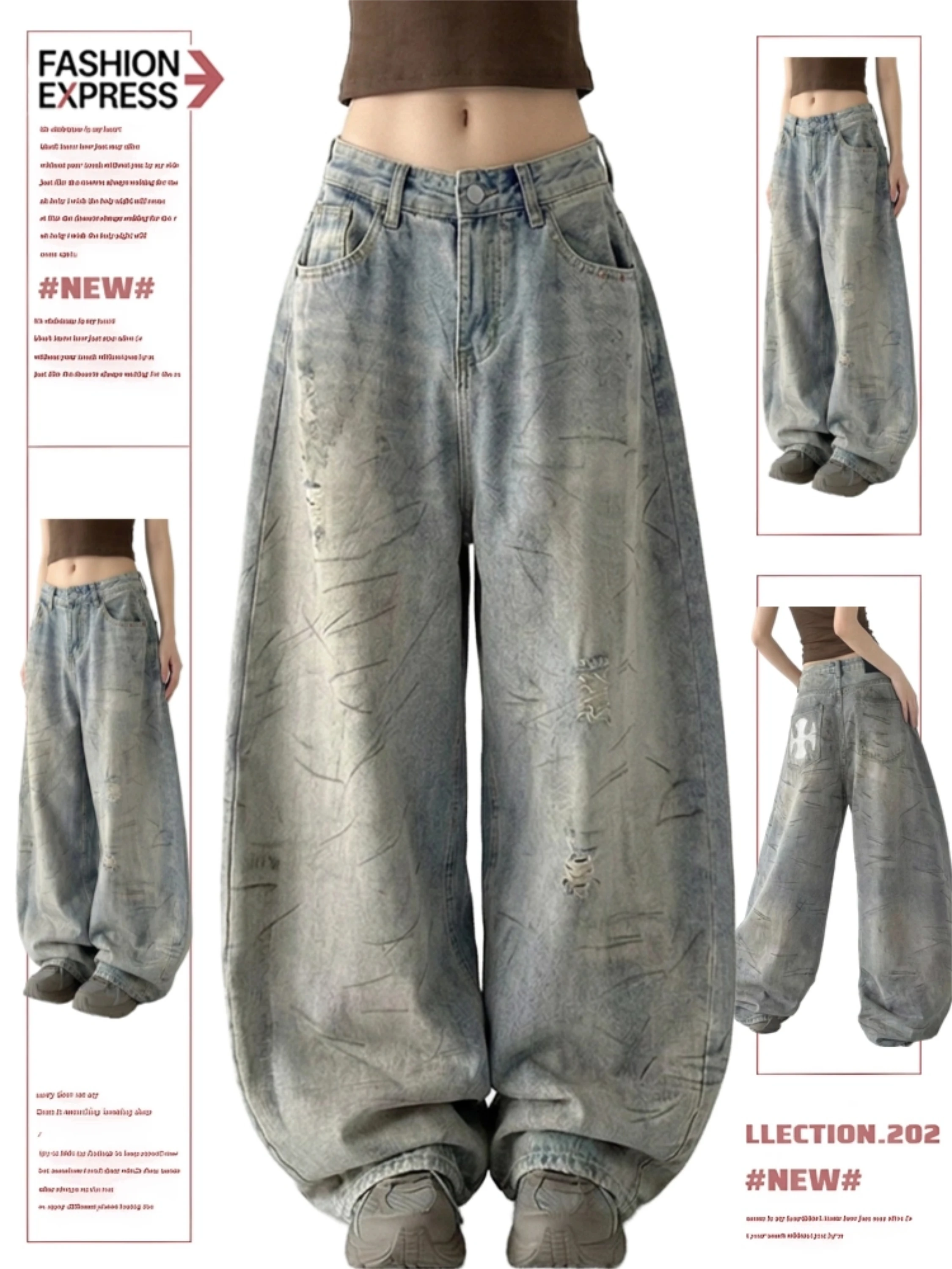 

Retro Apocalyptic Style Women's Jeans High Waist Wide Leg Pants Distressed Washed out Torn Loose Slimming Trendy Summer 2026