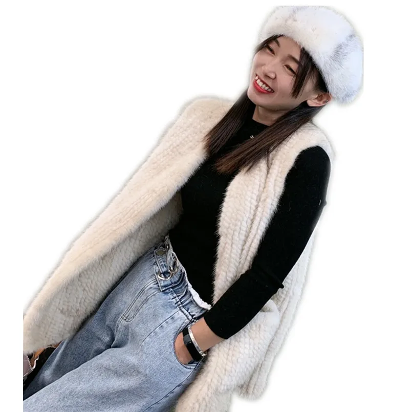 

Fashion New Genuine Mink Fur Vest Women Knitted Sleeveless Jacket Winter White Waistcoats with Pocket