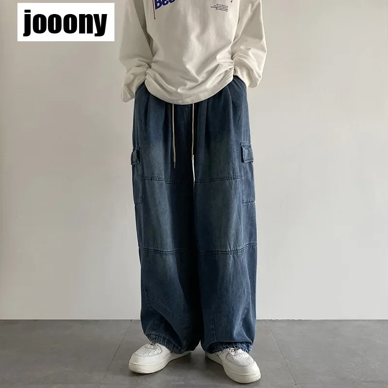 2023 Spring Fashion Wide Leg Baggy Jeans streetwear  For Men Hip Hop Elastic Waist Cargo Pants Solid Color Straight Loose Jeans