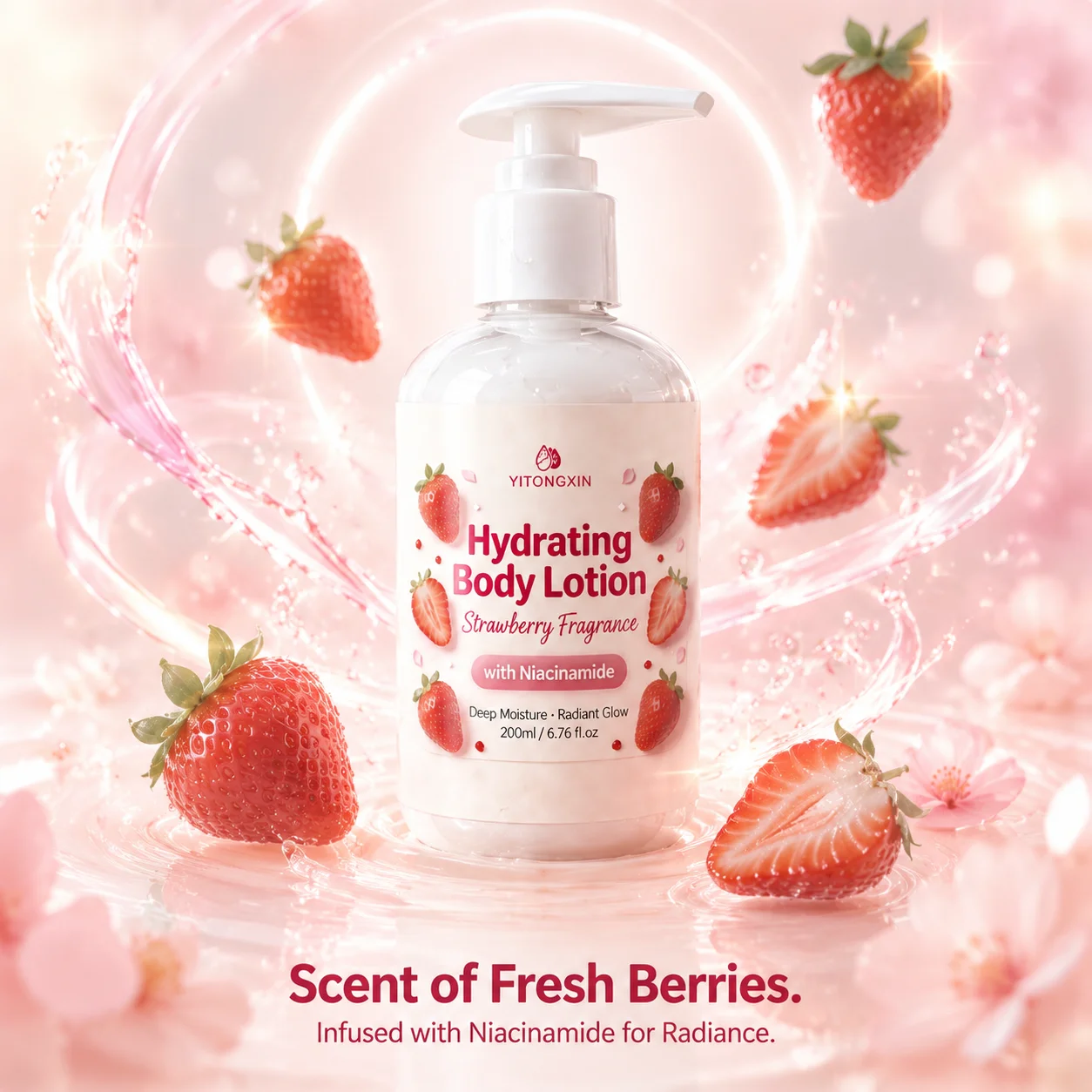 Fresh Strawberry Fragrance Body Lotion, Long Lasting Hydrating Moisturizer for Smooth Soft Skin, Fast Absorbing, 200ml