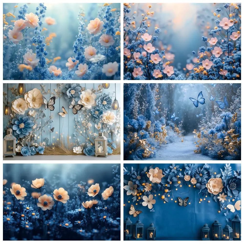 

Spring Blue Flower Photography Backdrop Fantasy Floral Lanterns Butterfly Baby Birthday Wedding Party Photocall Background Decor