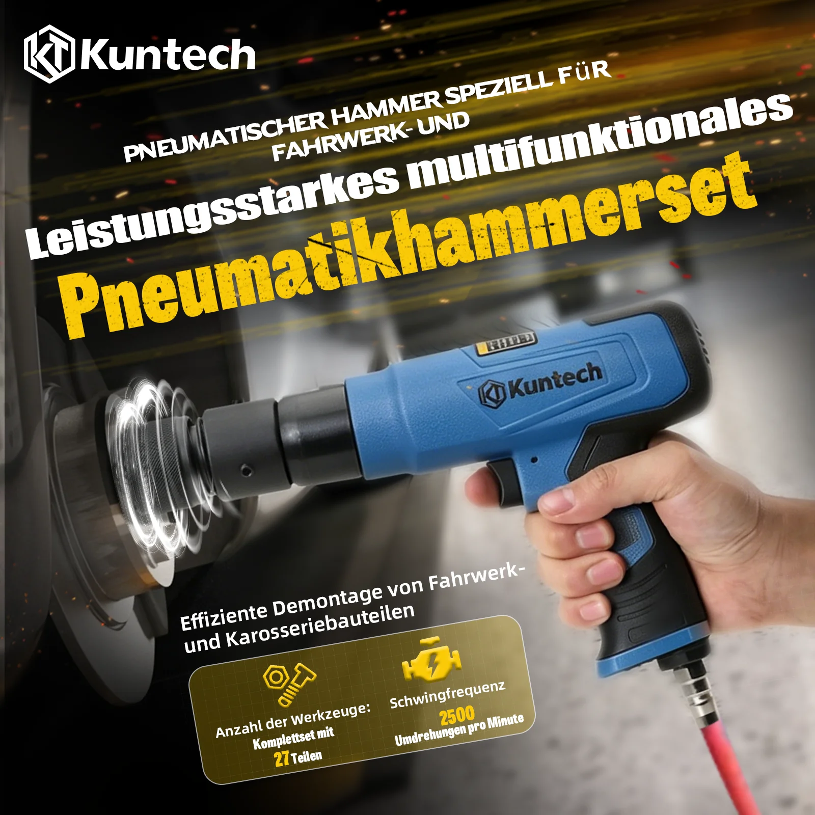 Heavy Duty Pneumatic Air Hammer 89mm Stroke 5CFM Air Powered Hammer Tool Set with Chisels & Adapters for Car Chassis Disassembly