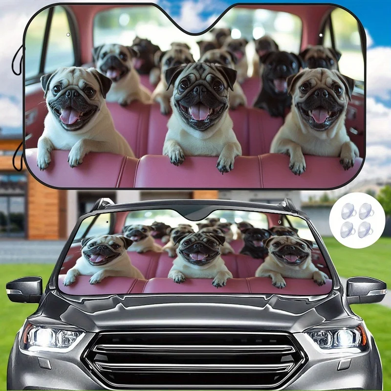 Cute Pink Pug Dog Print Car Sunshade - Heat Insulation & Scratch-Resistant Fit for All Vehicles, Adorable Puppy Design Keeps