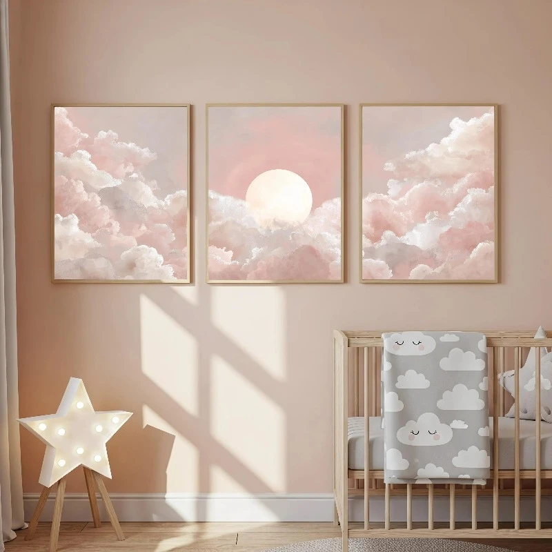 2D Flat, 2D Flat Surface, 3pcs Set of 2D Flat Surface Powder Particle Blush, Sun Powder, Cloud Sky Print Set, Modern Wall Art