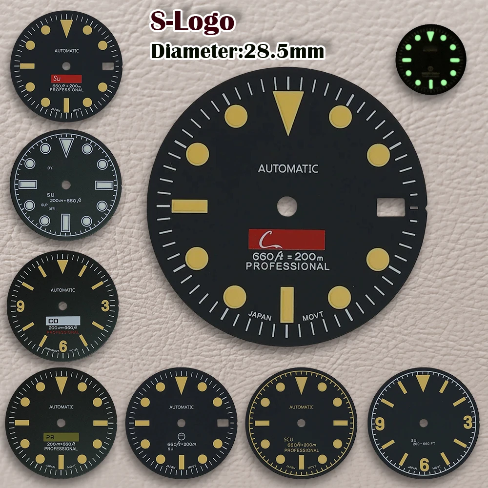 28.5mm S Logo NH35 Retro Black Dial Fit NH36/4R/7S Movement Green Luminous Watch Modification Accessories Repair Tools