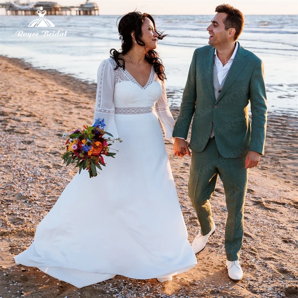 Robe de mariée en mousseline de soie à col en V pour femme, robe de mariée romantique A Line, manches longues lanterne, longueur au sol Boho, patients, quoi que ce soit