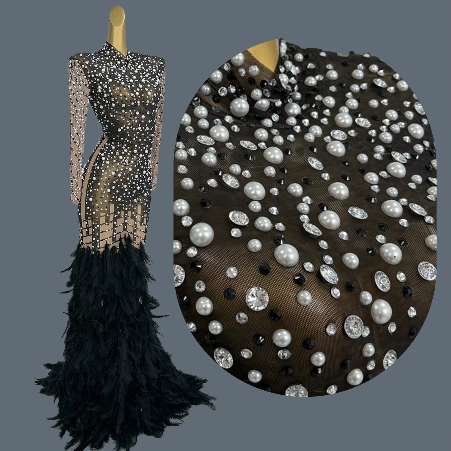 

Sparkly Pearls Rhinestone Mesh Floor-length Dress Women Birthday Party Fishtail Gown Bar Nightclub Skinny Ball Dress Liantiyumao