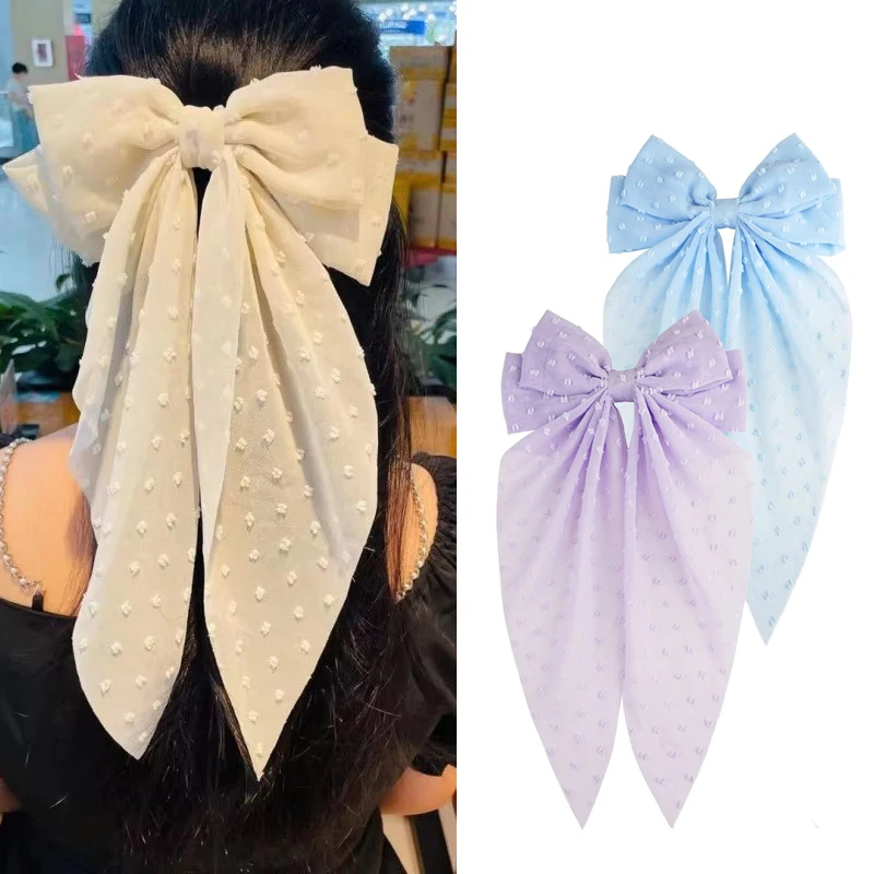 Ladies Elegant Satin Large Ribbon Bow Oversized Bow Long Tail Hair Clip Spring Clip Ponytail Hair Accessorie