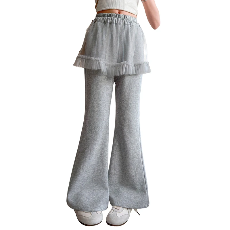 

Teenage Girls Skirt-Pants with Mesh Lace 2026 Summer New Fashion Flare Pants Children Casual Fake-Two-Pieces For Girl Sweatpants
