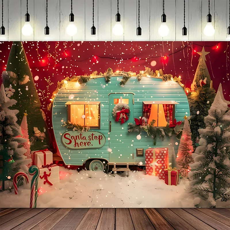 Fond de photographie de Noël, rétro, camion, arbre de Noël, forêt, neige, canne en bonbon, nouvel an, accessoires de fête de Noël