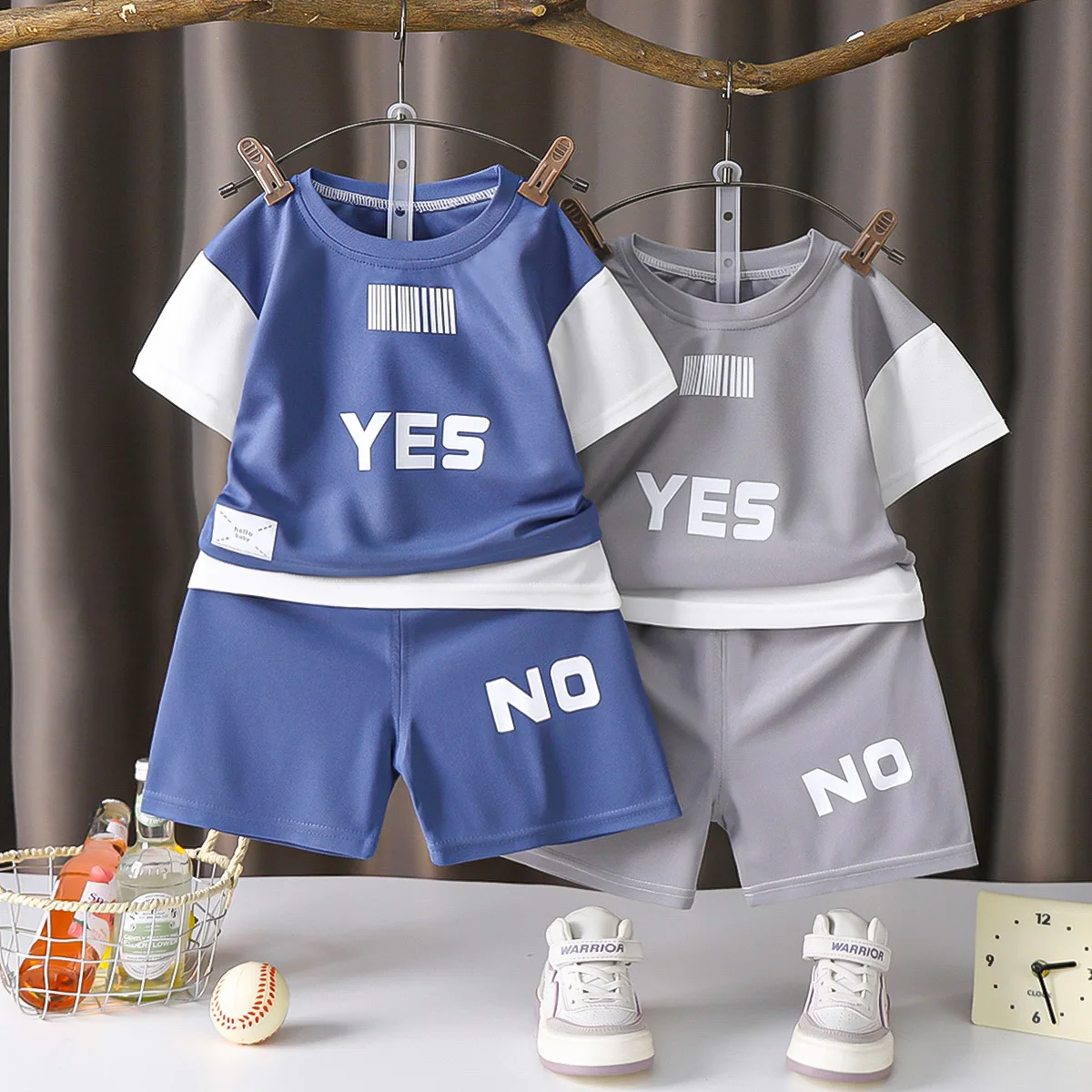 Boys' Clothes Summer Girls' Suit Loungewear Baby Breathable and Comfortable Two-Piece Set Color Matching Short-Sleeved Shorts