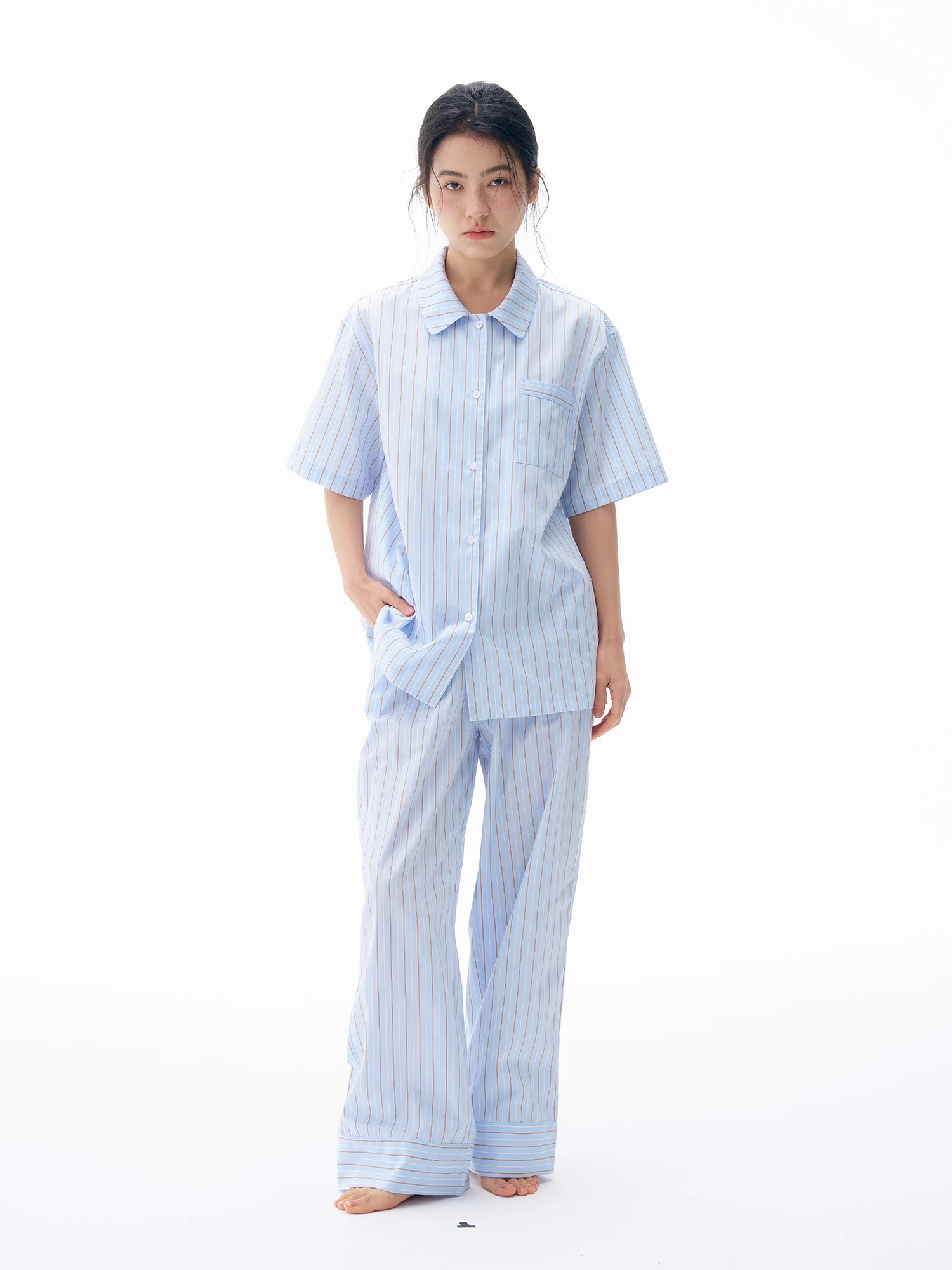 Forretro Ice Blue Striped Pure Cotton Sleepwear Long Sleeve Long Pants Spring Summer High End Men Women Home Clothes Outdoor