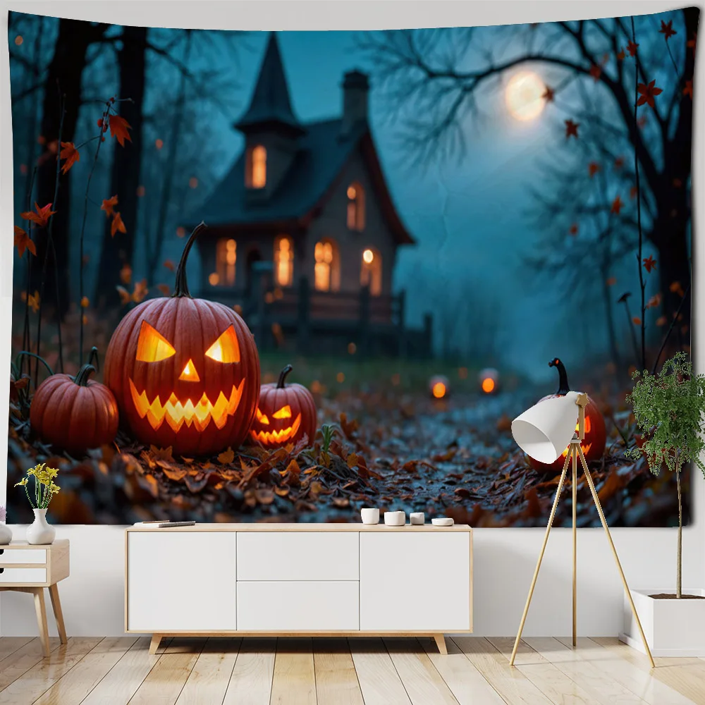 Spukhaus Kürbis Fledermaus Halloween Wandteppich Zimmer Schlafsaal Nacht Mond Hippie Wandbehang böhmische psychedelische Heimdekoration