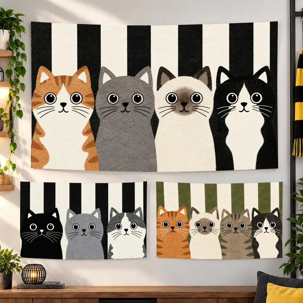 Cute Cats Behind Stripes Tapestry Custom Living Bedroom Party Dormitory Interior Wall Bohemian Decoration Attached Clip