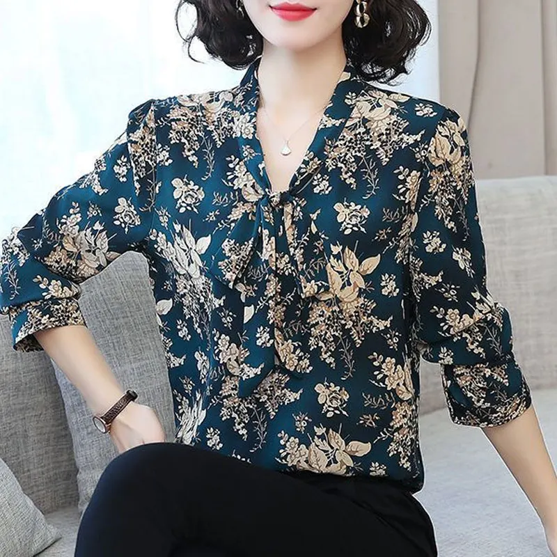 Fashion Vintage Plant Printed Shirt Women\'s Clothing Loose Long Sleeve Commute Spring Autumn Elegant V-Neck Bandage Bow Blouse