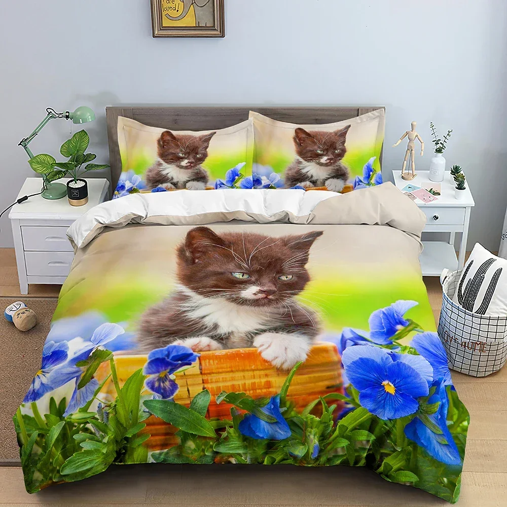 3D Cat Printed Bedding Set Duvet Cover King Size with Zipper Closure Luxury Bed Set Comfortable Polyester Quilt Cover