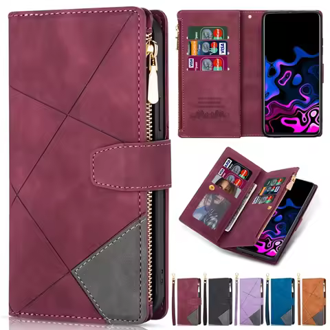 Wallet Line Splicing Card Slot Zipper Flip Leather Case For Samsung Galaxy S25 Ultra S24 FE S23 Plus S22 S21 S20 Note 20 10 Lite