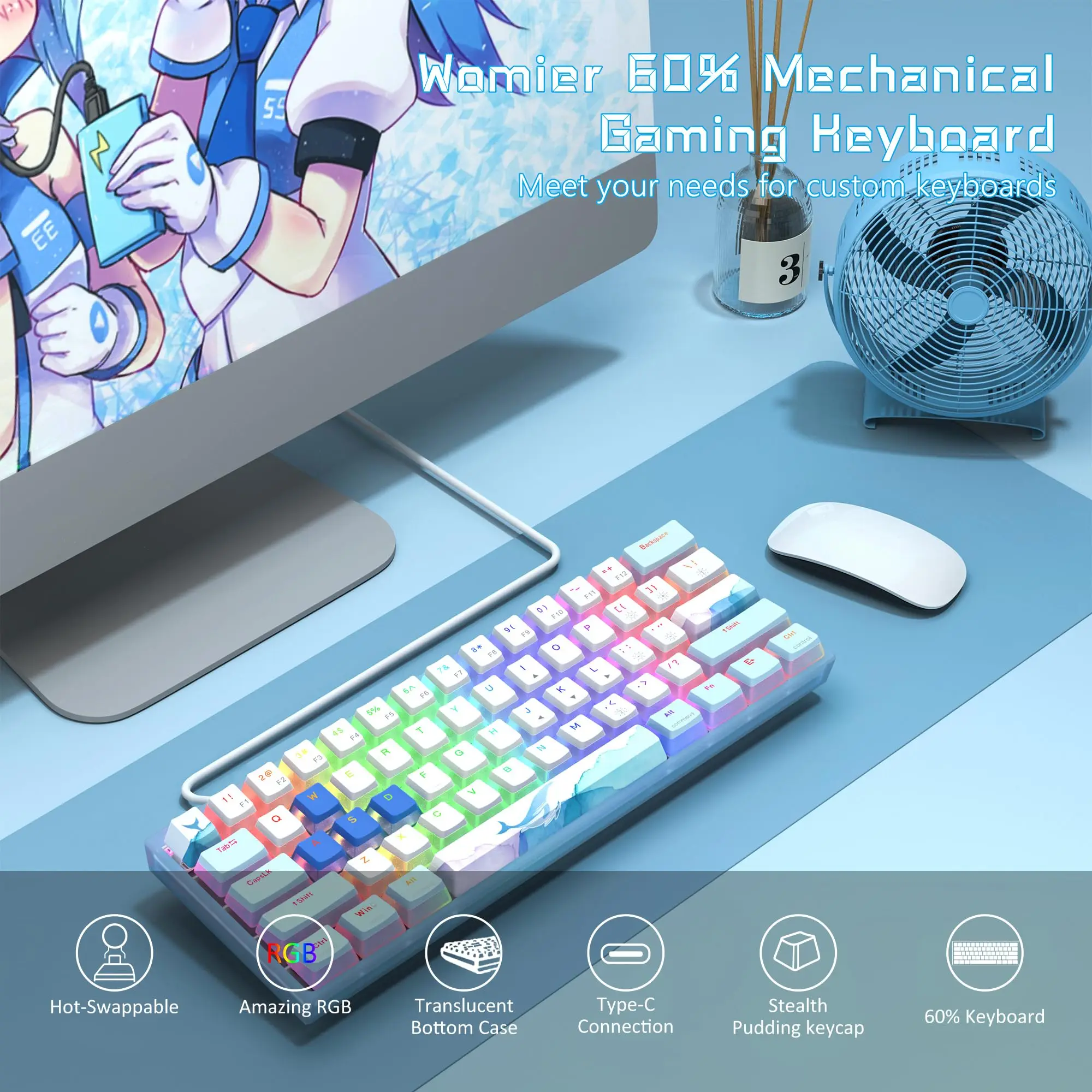 womier Blue Ice Whale Themed Hot-Swappable Keyboard WK61 RGB Backlit 60% Wired Mechanical Gaming Keyboard for Windows PC Gamers