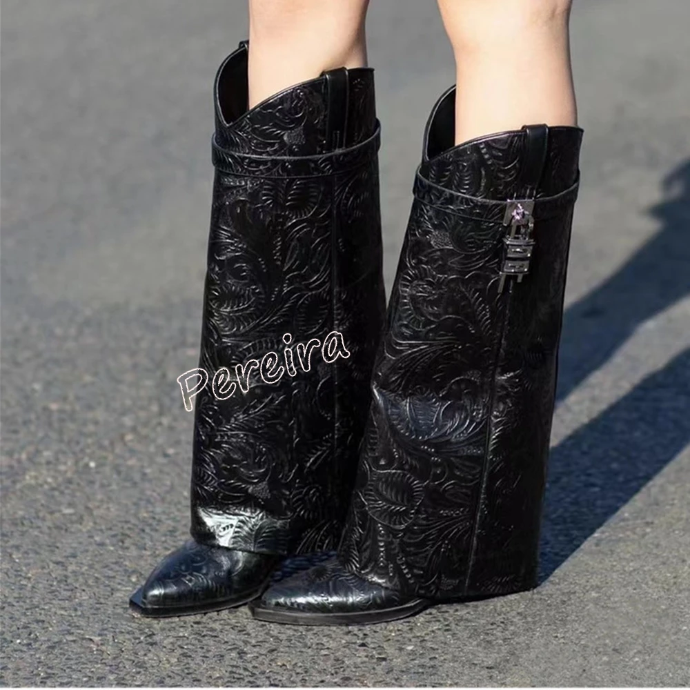 

Black Printed Lock Knee Boots Women's Footwear Autumn News Solid Leather Pointed Toe Slip-on Wedge Party Commuter Shoes