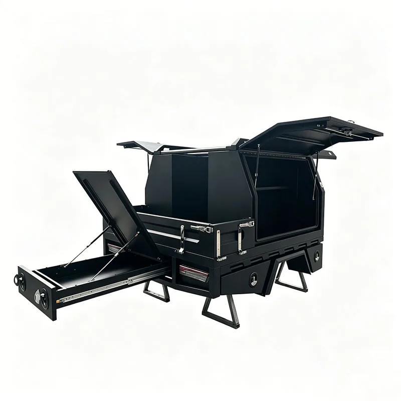 Dual/single/multi-cab 4X4 aluminum pickup cargo box and tool box with roof rack, headplate, water tank and fuel filler for pick