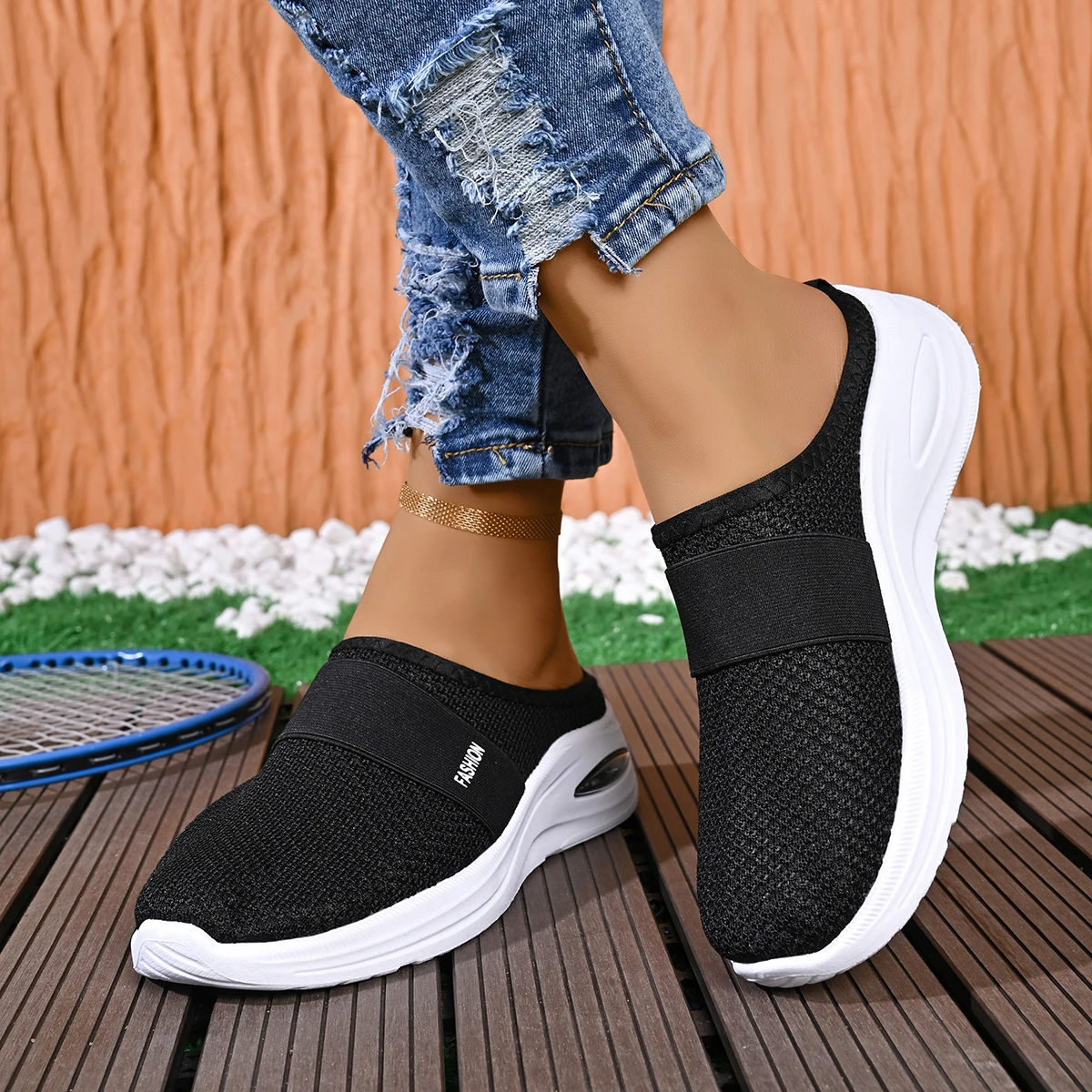 Summer New Round Headed Elegant Flat Slippers Fashionable Comfortable Mesh Breathable Slope Heel Casual Slippers for Women's
