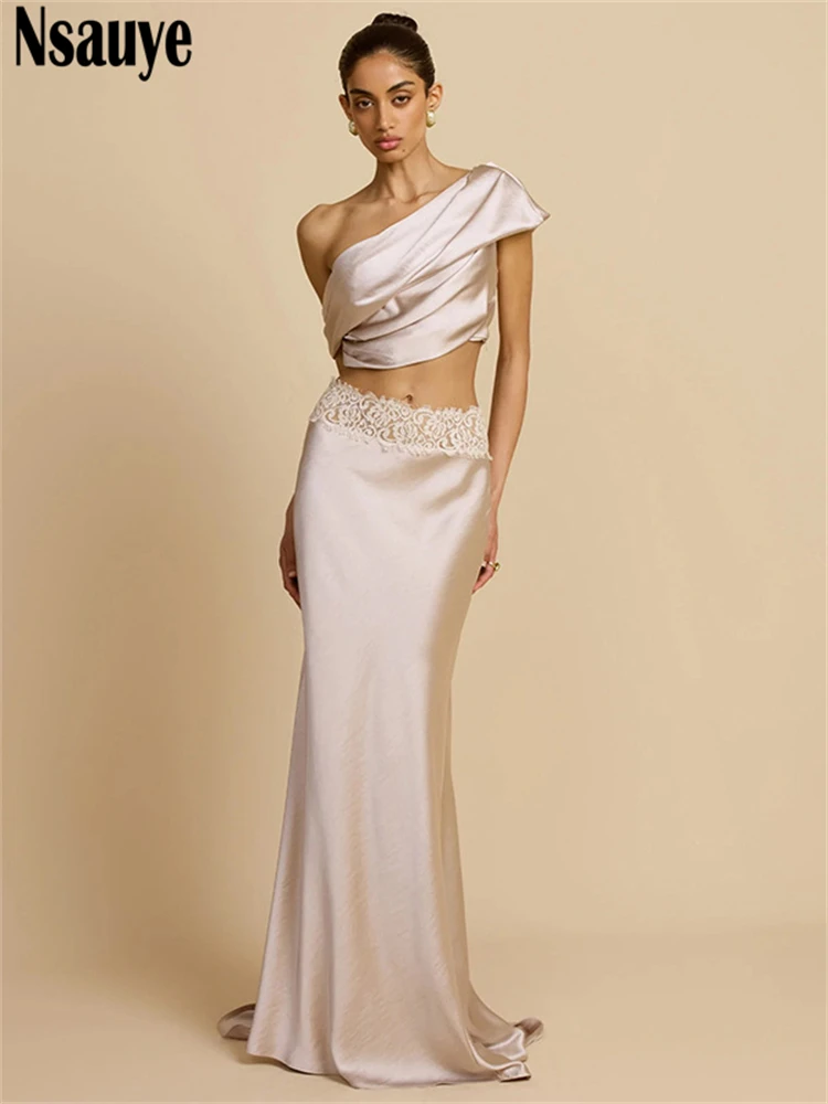 

Nsauye Women Satin Elegant New In Matching Skirt Two Piece Set Sexy Off Shoulder Crop Tops Long Wrap Club Party Skirt Suit 2025