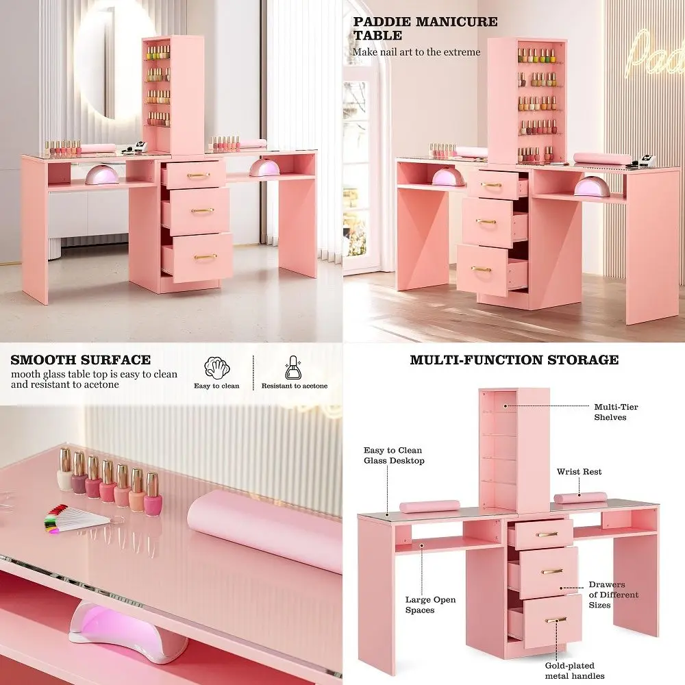 

Double Manicure Table, Nail Desk for Nail Tech w Glass Top amp Wrist Rest, Nail Beauty Workstation w 3 Storage Drawers amp 8Tie