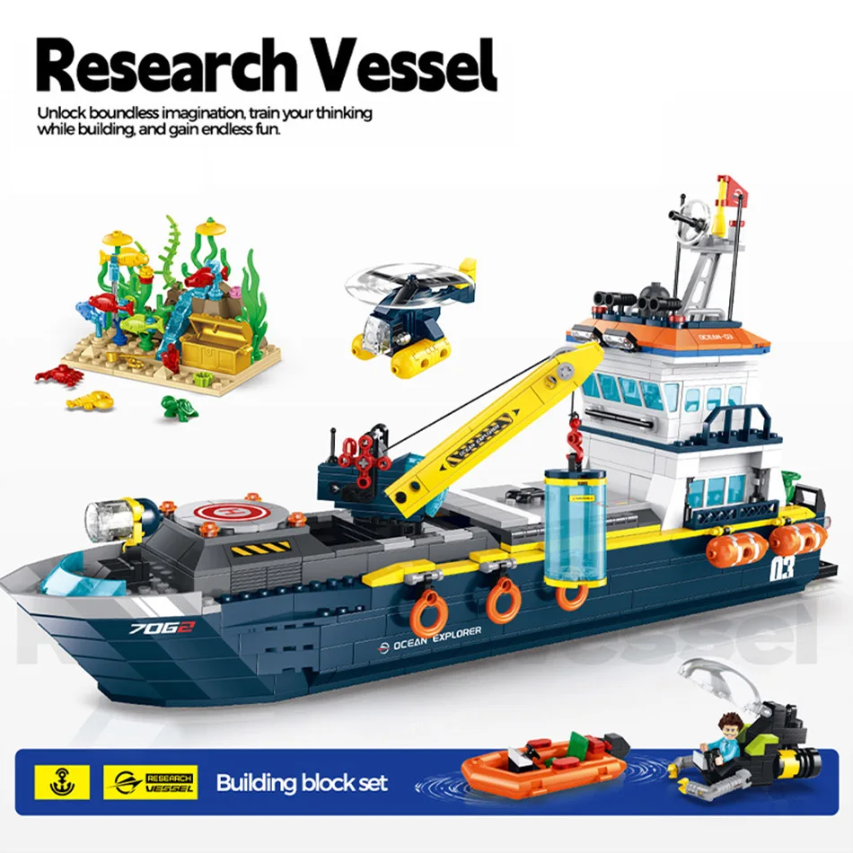 924 PCS City Ocean Explorer Ship Building Blocks Deep Sea Research Vessel With Crane Engineer Figures Assembly Bricks Toys Gifts