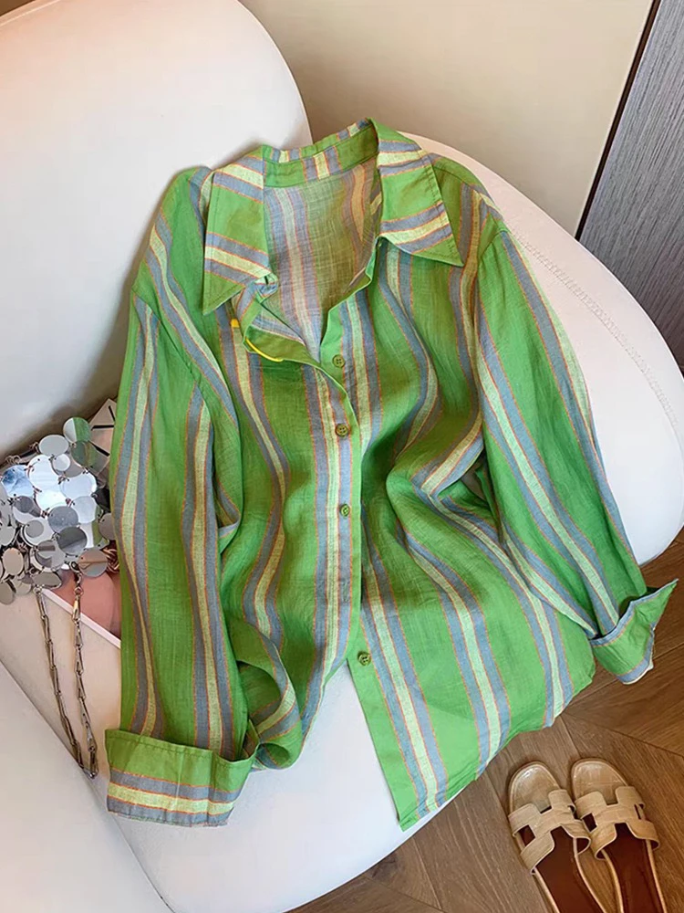 

Heidd Spring 2026 Early Green Striped Long Sleeve Silk Cotton Shirt Casual Loose Fit Women's Fashion