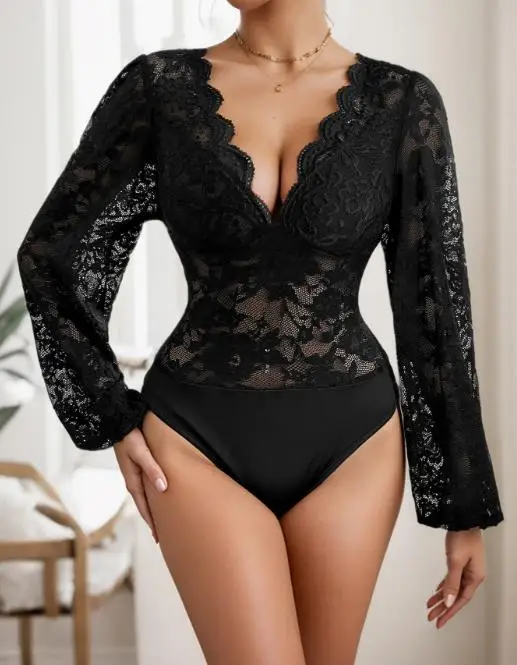 

Women's Jumpsuit 2025 Spring/summer New Elegant Sexy Style Long Sleeved Solid Color V-Neck Lace Lace Lace Tight Fitting Jumpsuit