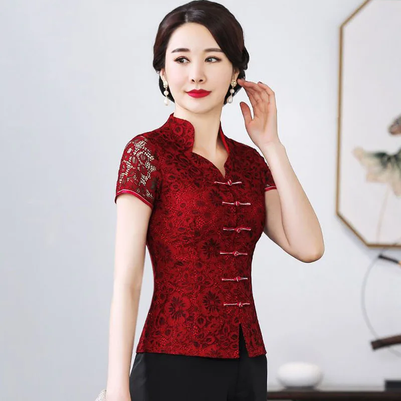 Cheongsam Women Plus Size Tops 2024 Lace Hollow Out Short Sleeve Traditional Chinese Style Red Tang Costume Qipao Shirts Woman