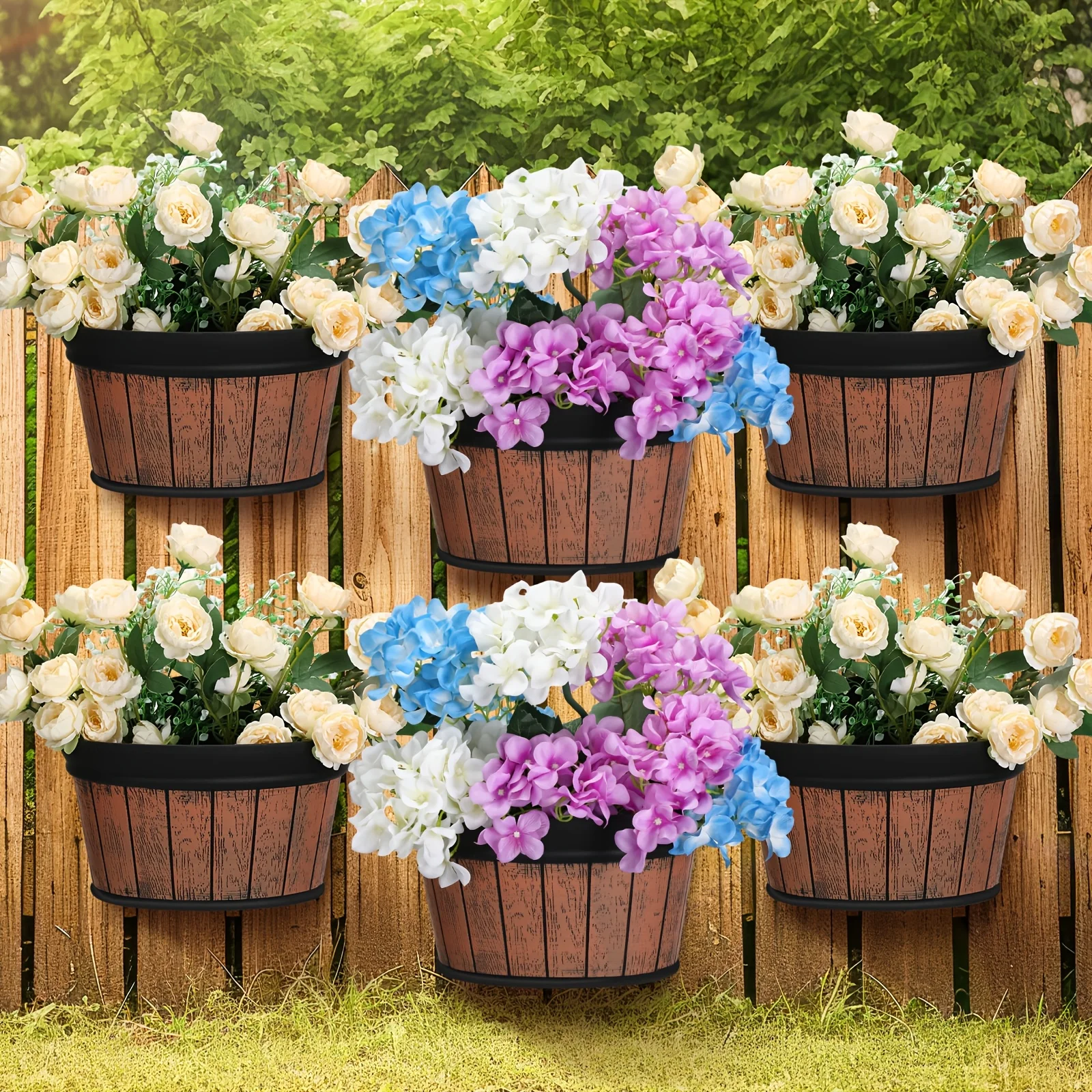 

6pcs Barrel-Shaped Wall Hanging Planters Suitable for Indoor/Outdoor, Thickened Plastic Distressed Oak Rustic Wine Barrel Pots with Oak Bark - Cylindrical Flower Planters for, Balcony,, Water Storage (13.78 Inches)