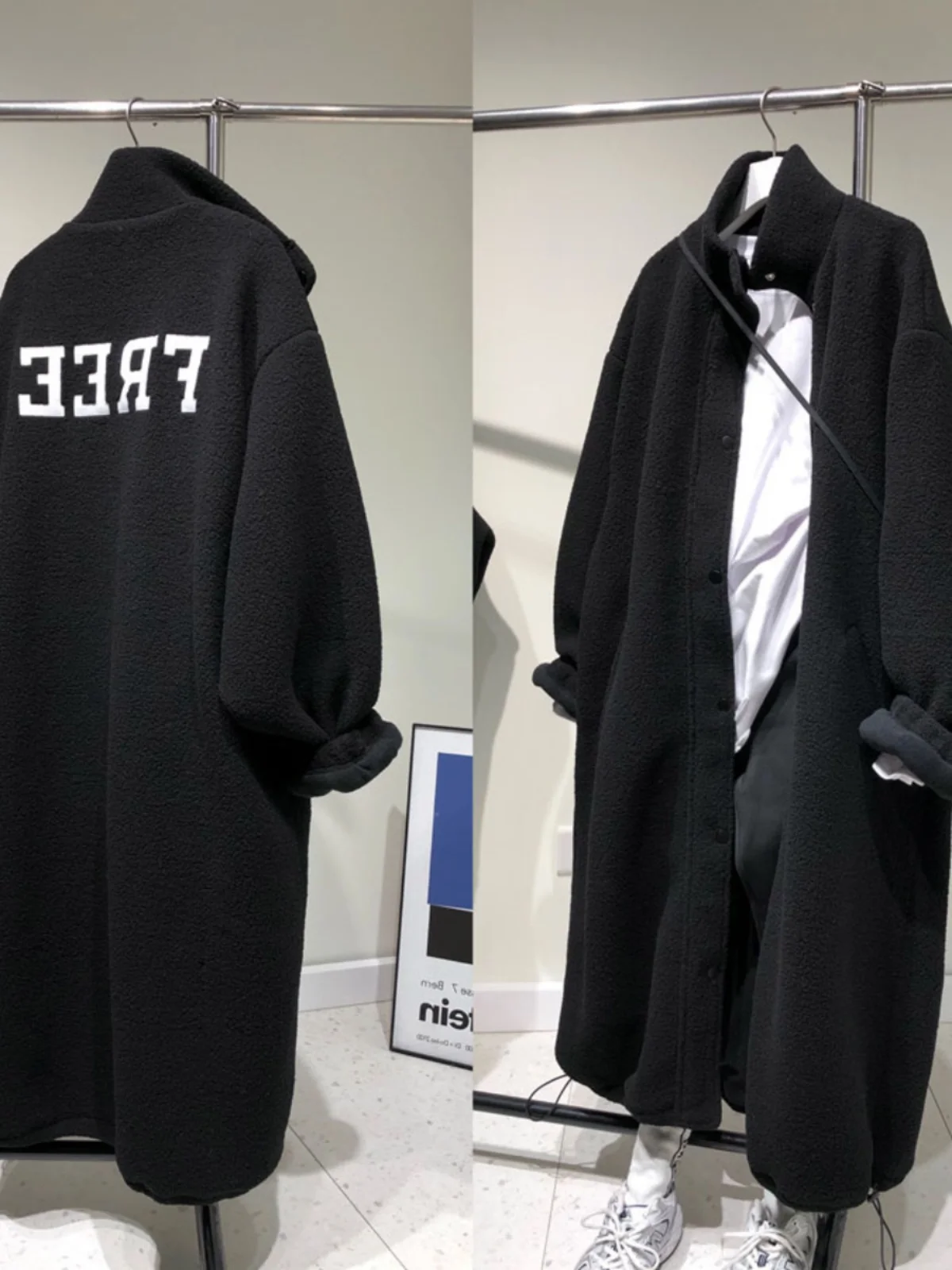 추천합니다! 롱 오버니 양털 코트 스탠드 칼라 자수 레터링 겨울 여성용 아우터