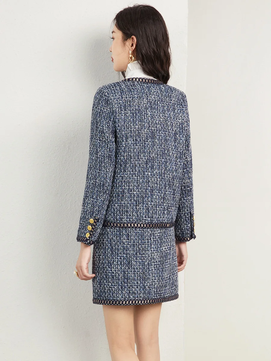 ZJYT Runway Designer Winter Outfits 2 Piece Women Vintage Tweed Woolen Jacket and Skirt Set Suit Elegant Party Dress Sets Blue