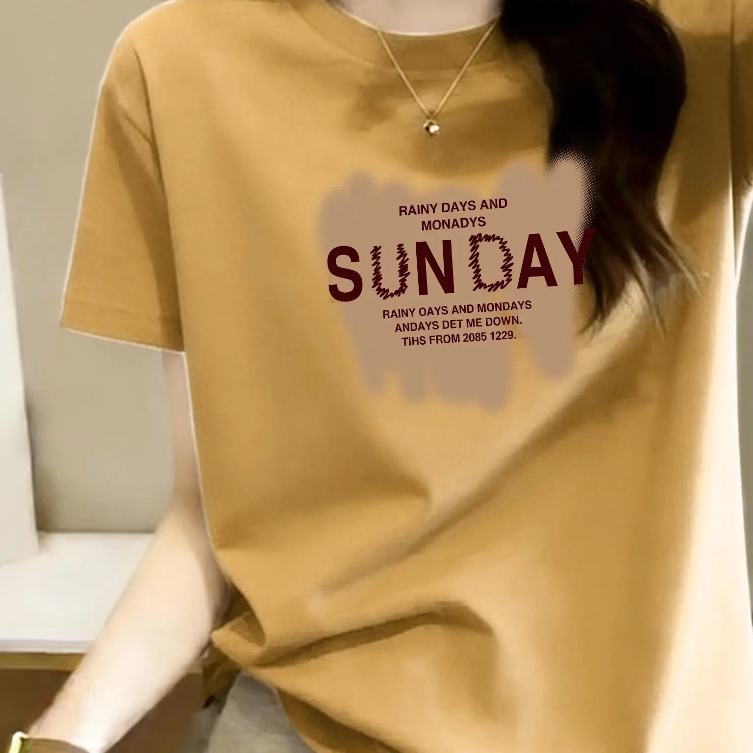 

Fashionable Yellow Loose Fit Women's T-shirt Short Sleeve Printed Casual Style Breathable Polyester Summer Trendy Top