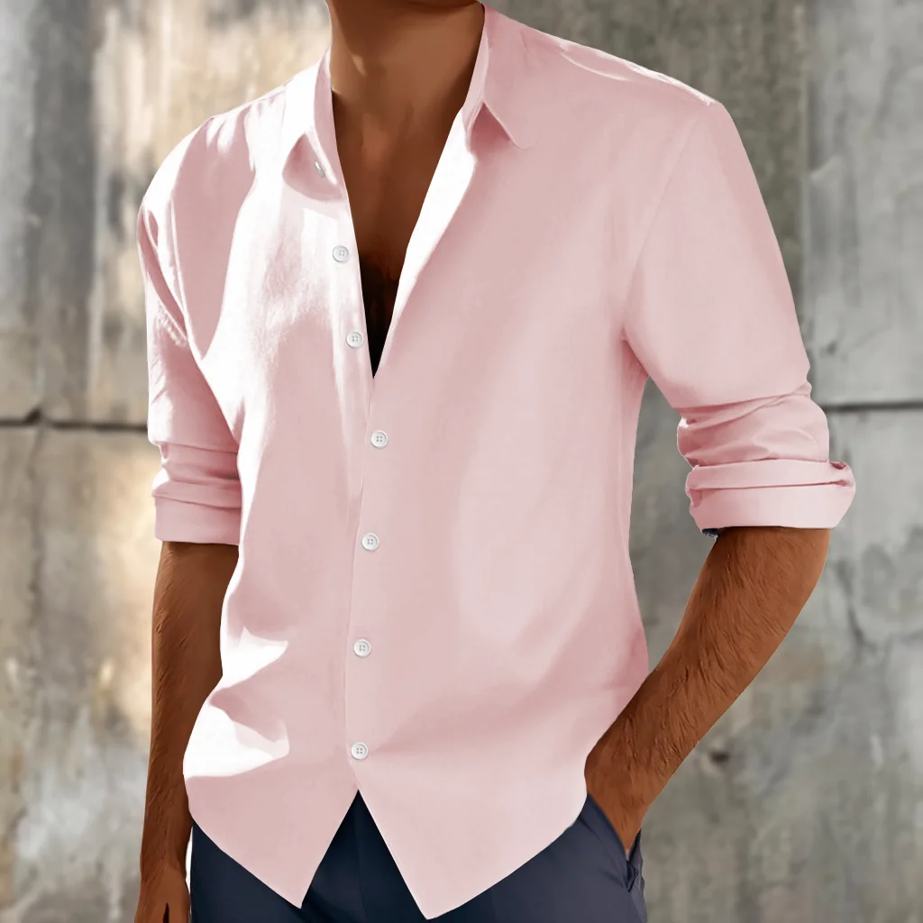 Men's Shirts for Spring and Autumn, classic retro street style, casual, pure cotton, comfortable, solid-color long-sleeved tops