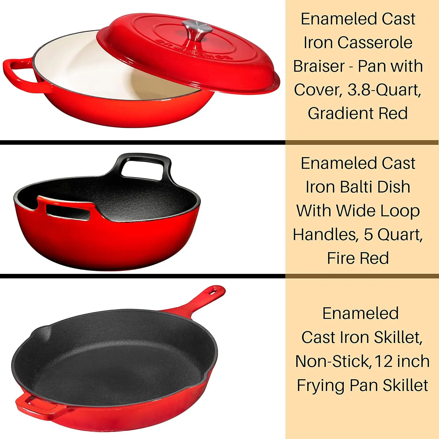 Enameled Cast Iron 3 Piece Bundle Gift Set, 3.8Qt. Braiser Pan, 12 Inch Skillet & 3Qt. Balti Dish, Cookware Set