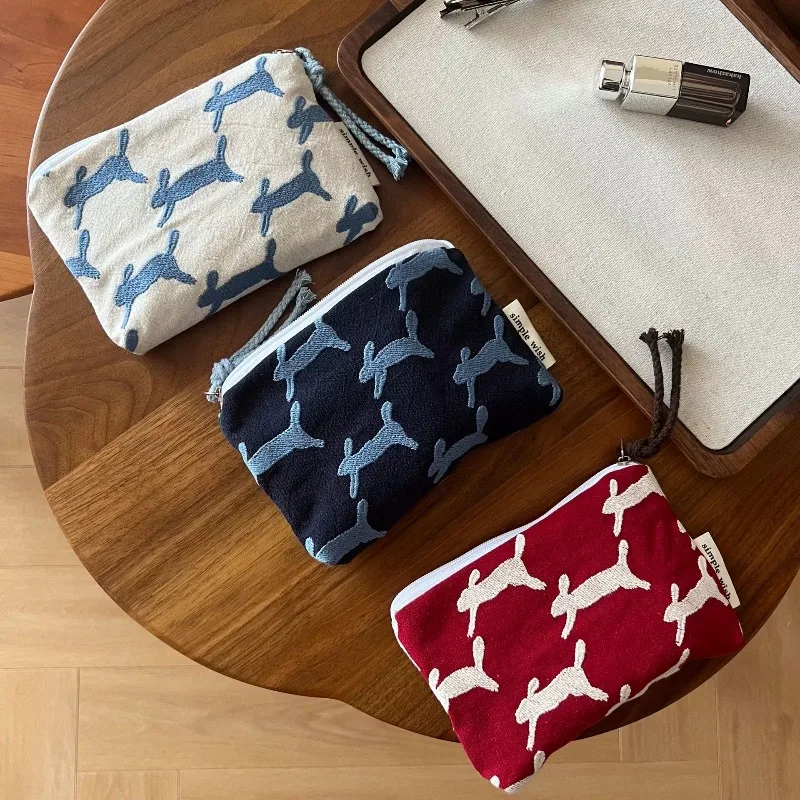 Blue Cute Rabbit Embroidered Canvas Coin Purse Zipper Mini Cosmetic Pouch Lipstick Earphone Storage Bag
