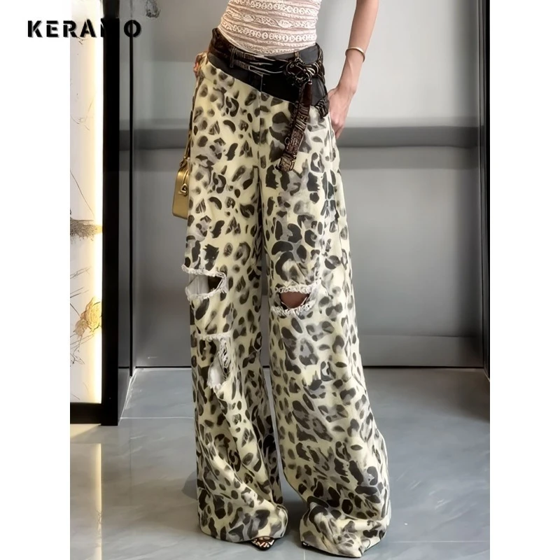 

Emo Vintage Ripped Leopard Print Distressed Jeans Y2K Damage Wide Leg Trashy Pants Women's Retro Baggy Loose Fit Denim Trouser