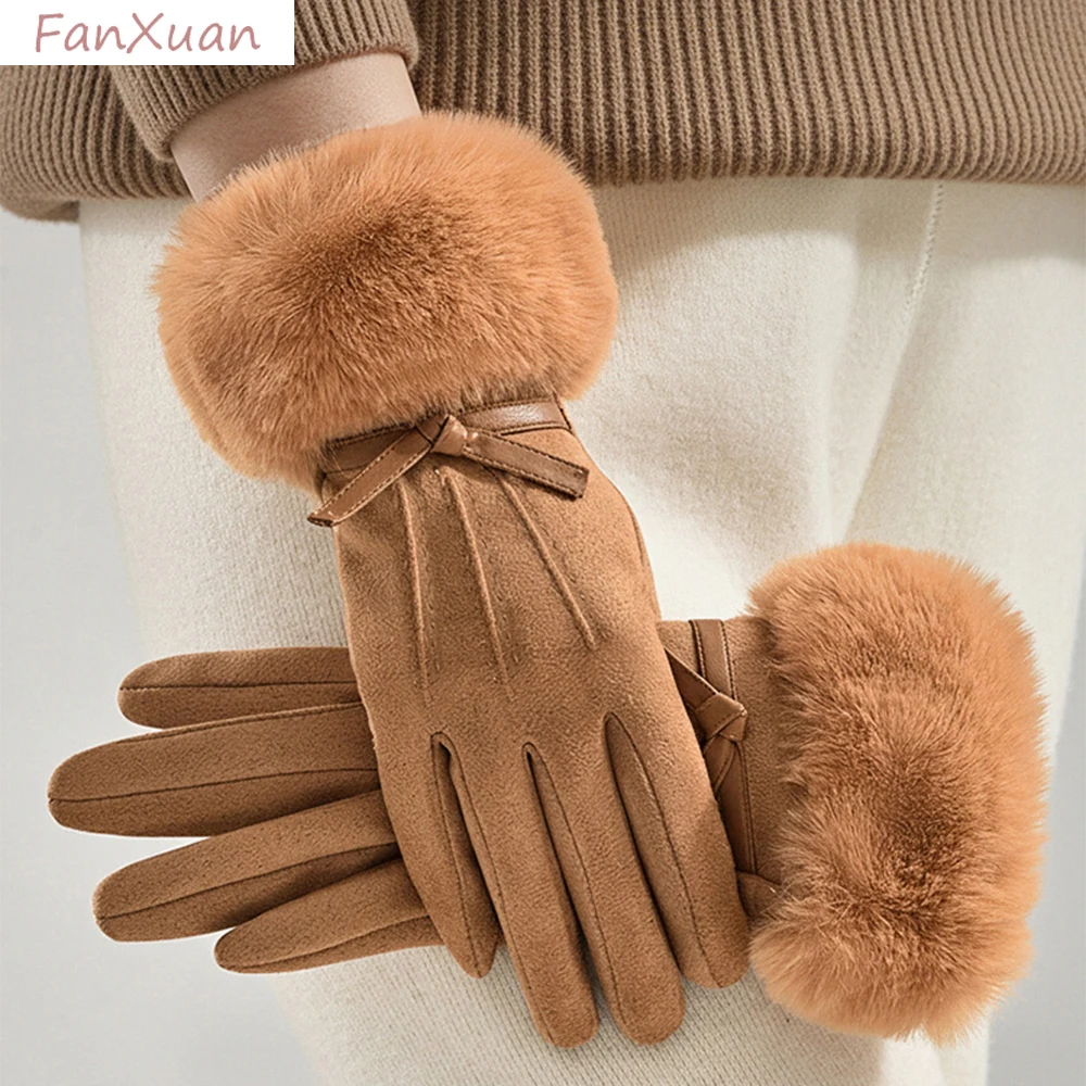 

Женские зимние перчатки из замши, однотонные, с подкладкой из искусственного меха, элегантные перчатки на запястье для женщин с сенсорным экраном