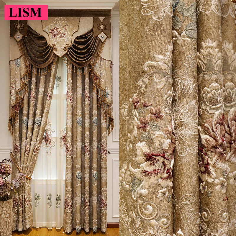 

Custom New 3D Embossed Luxury Curtains for Living Dining Room Bedroom European Flower High-end Textured Noble Valance Tulle Cort