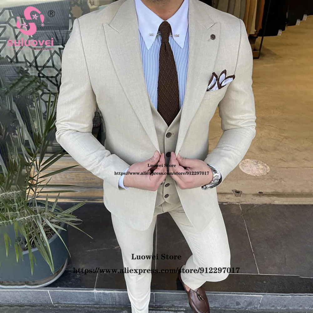 

Fashion Beige Suits For Men Slim Fit 3 Piece Jacket Vest Pants Set Formal Groom Wedding Peaked Lapel Tuxedo Male Business Blazer