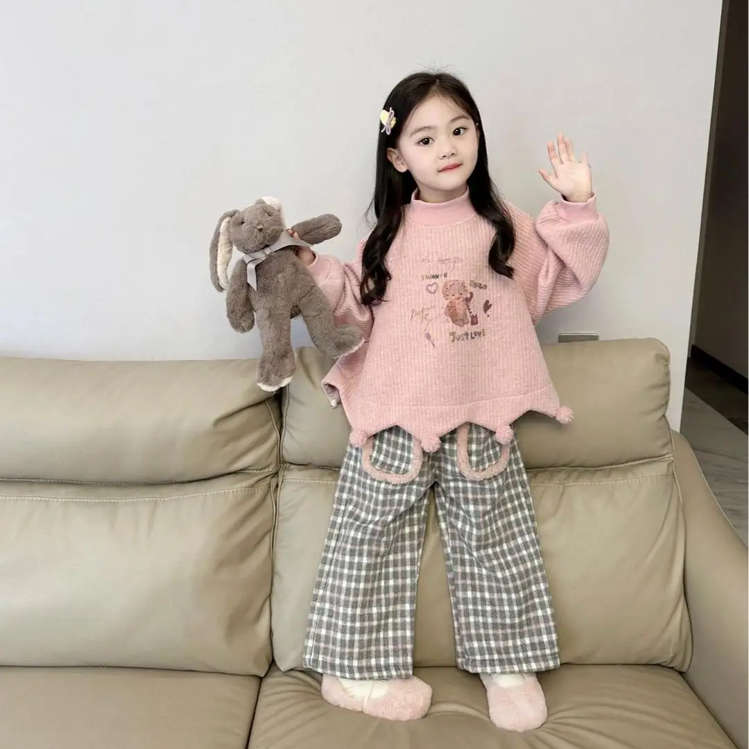 Winter Elegance Fashion Girls Sweet Casual Kids Princess Cute Cartoon Sweater+Loose Plaid Pants Children Casual 2Pcs Suits