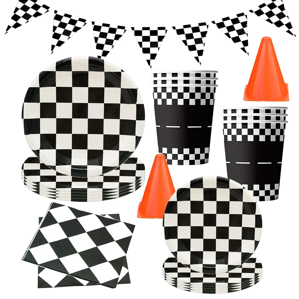 Checkered Disposable Tableware PLates Cups Napkins Racing Theme Birthday Party Decorations Checkered Banner Traffic Cone