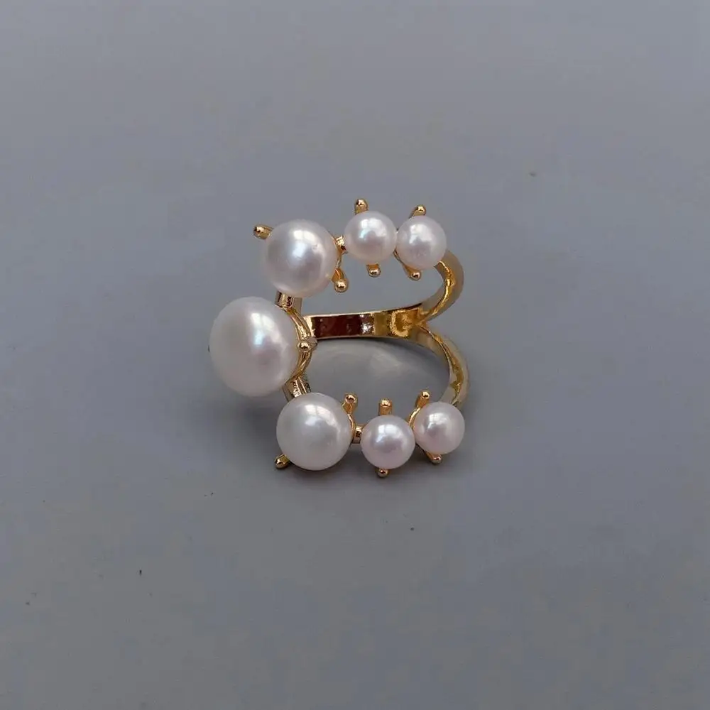 Y·YING خاتم لؤلؤ أبيض مثقف للمياه العذبة مطلي بالذهب الأصفر مجوهرات نسائية لحفلات الزفاف